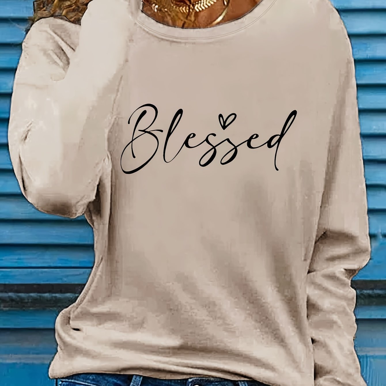 Camiseta de cuello redondo Blessed, camiseta informal de manga larga