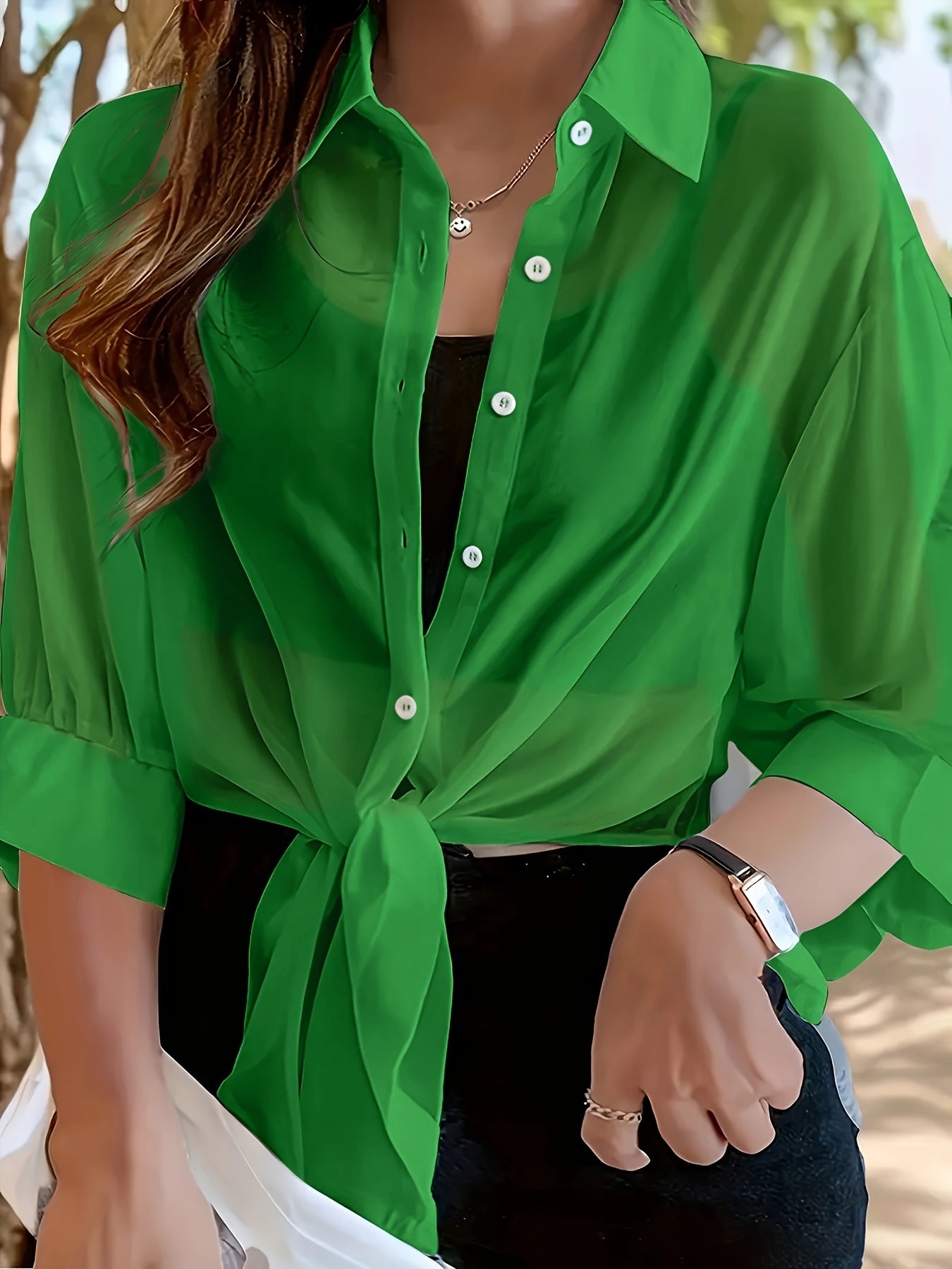 Plus Size Chic Solid Collared Blouse - Comfortable 3/4 Sleeves, Versatile Button Design - Perfect for Spring & Fall - Womens Fashionable Plus Size Wardrobe Staple