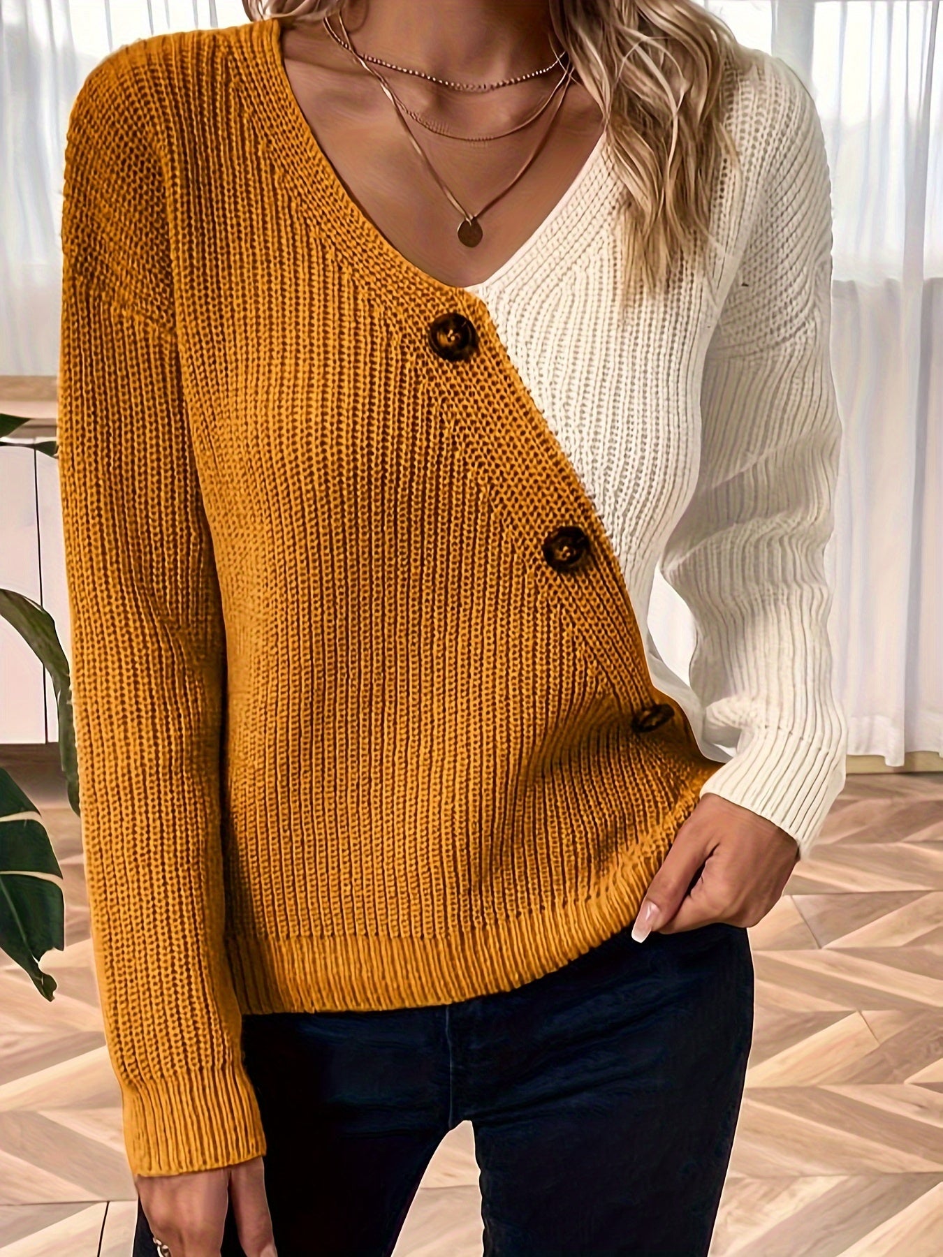 Color Block V Neck Pullover Sweater, Casual Button Long Sleeve Drop Shoulder Sweater, Women's Clothing