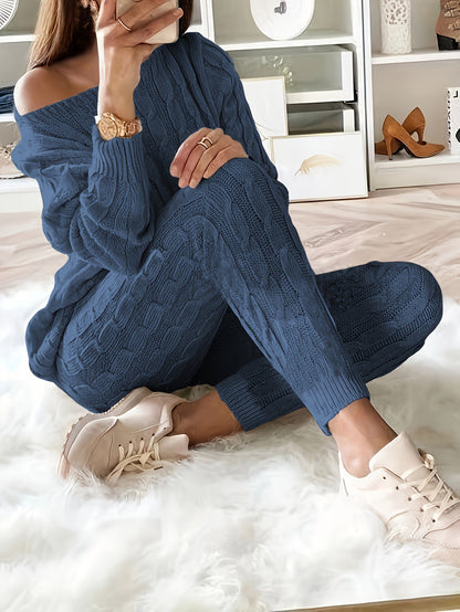 Solid Knitted Matching Two-piece Set, Casual Long Sleeve Sweater & Pants Outfit