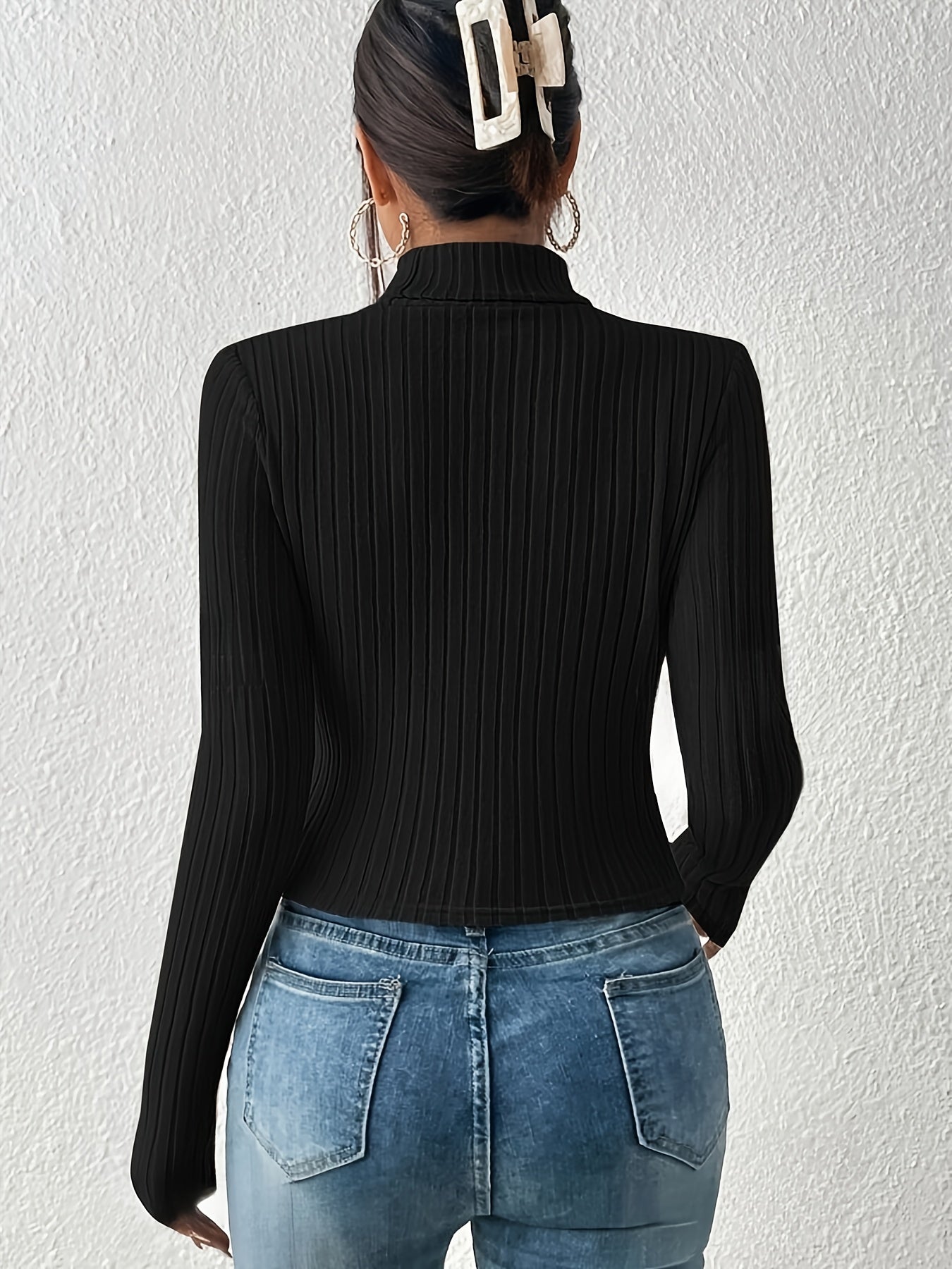 Cut Out Knitted Long Sleeve Shirt, Casual Rib Knit Turtle Neck Top