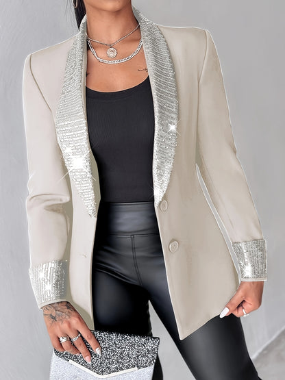 Elegante chaqueta tipo blazer con cuello chal y lentejuelas, manga larga, corte regular, prenda exterior tejida para todas las estaciones con detalle en contraste