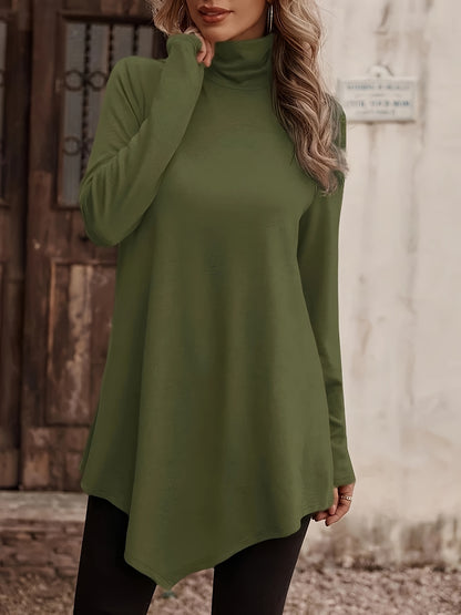 Plus Size Chic Tunic Top - Flattering Long Sleeves, Fashionable High Neck, Trendy Asymmetric Hem - Solid Color Casual Wear for Stylish Women