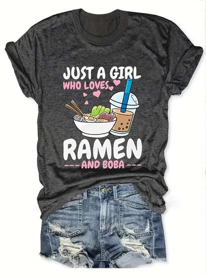 Camiseta de cuello redondo con estampado de ramen vibrante: camiseta de manga corta suave, transpirable e informal para primavera y verano: ropa de mujer de corte relajado para uso diario