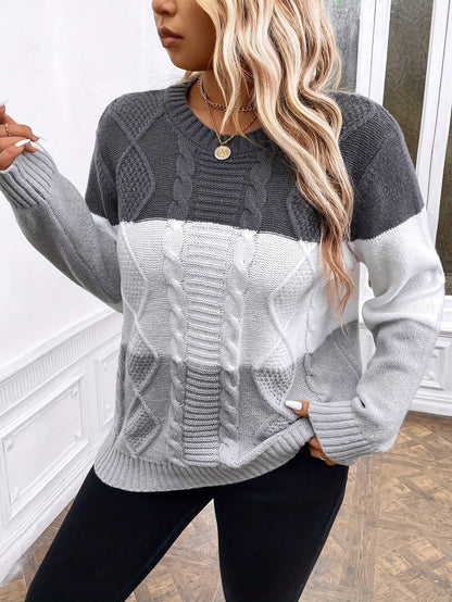 Elegant Plus Size Colorblock Cable Knit Sweater for Women - Casual Long Sleeve Round Neck Pullover