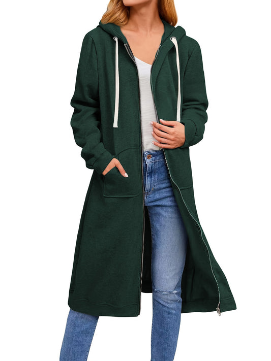 Plus Size Stylish Solid Color Coat - Water-Repellent, Zipper Front, Casual Long Sleeve, Hooded Drawstring, Pockets, Comfortable Outerwear for Women - Perfect for Daily Life, Outdoor Activities and Travel