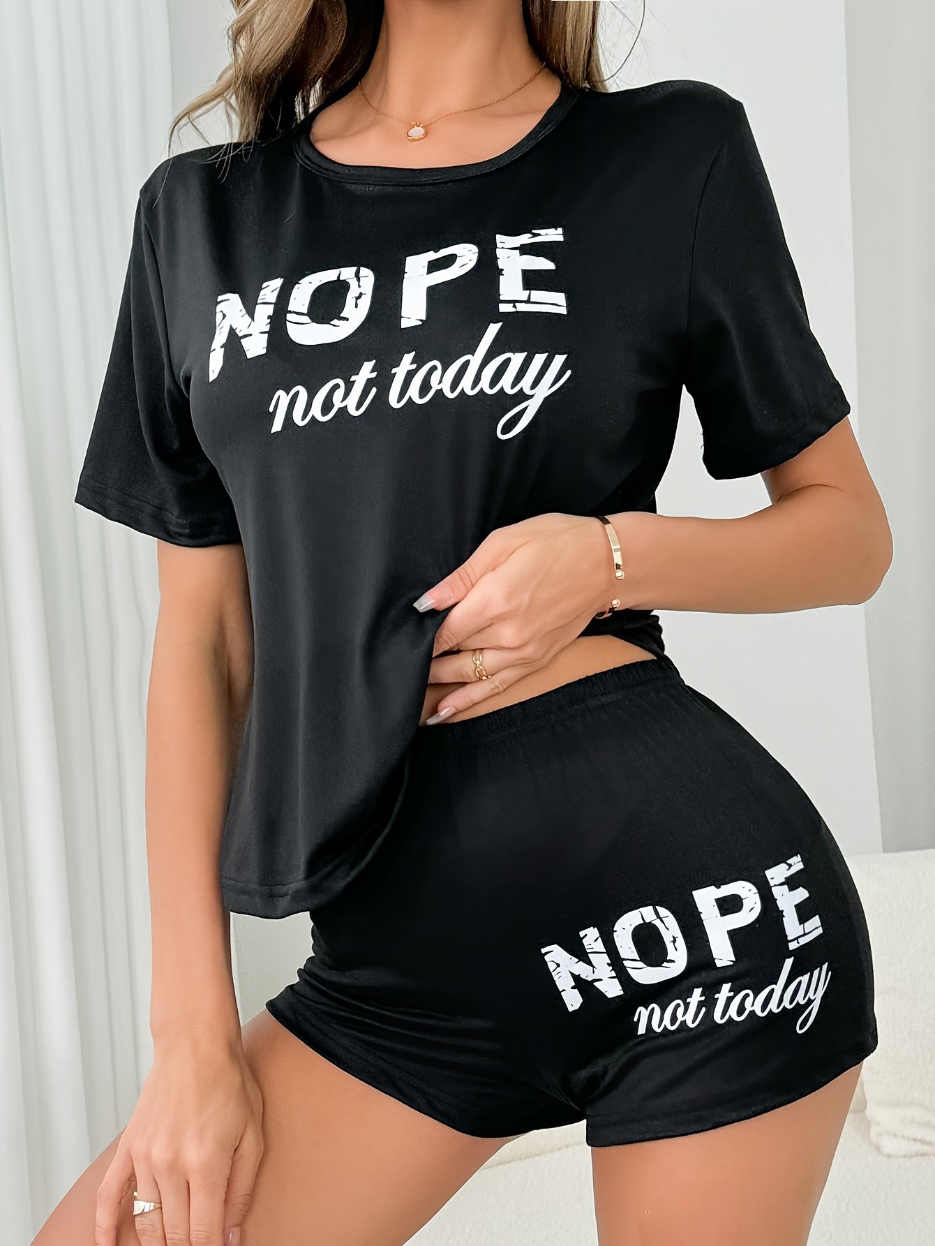 Relaxed Fit "NOPE not Today" Graphic Print Short Sleeve T-Shirt and Shorts Pajama Set