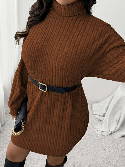 Women'S Plus Size High Neck Rib-Knit Knit Dress, Casual Long Sleeve Knee-Length Pullover