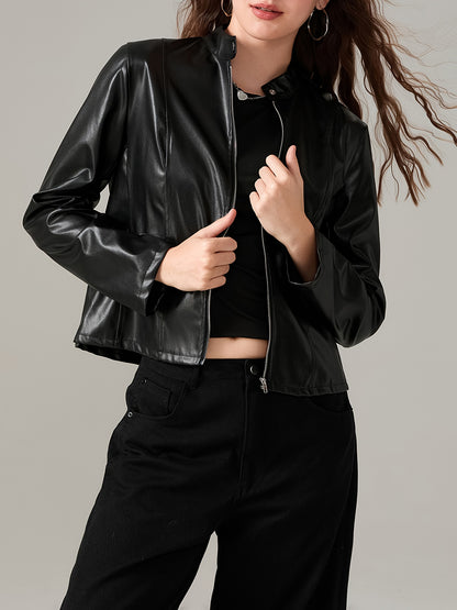 Women's Faux Leather Jacket, Slim Moto Biker Jacket Outerwear, Long Sleeve Zipper Short Jacket