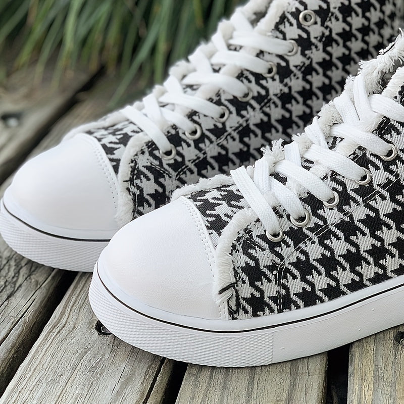 Womens Houndstooth Canvas Sneakers - Round Toe Comfort, High Top Style, Casual Flat Sole, Durable Skate-Inspired Shoes