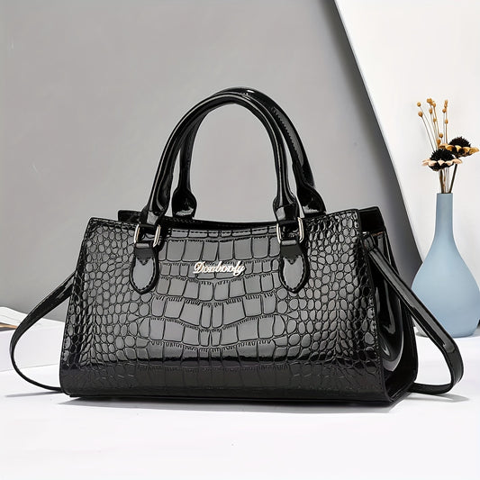 Elegant Black Crocodile-Embossed Women's Handbag - Versatile Crossbody & Shoulder Bag