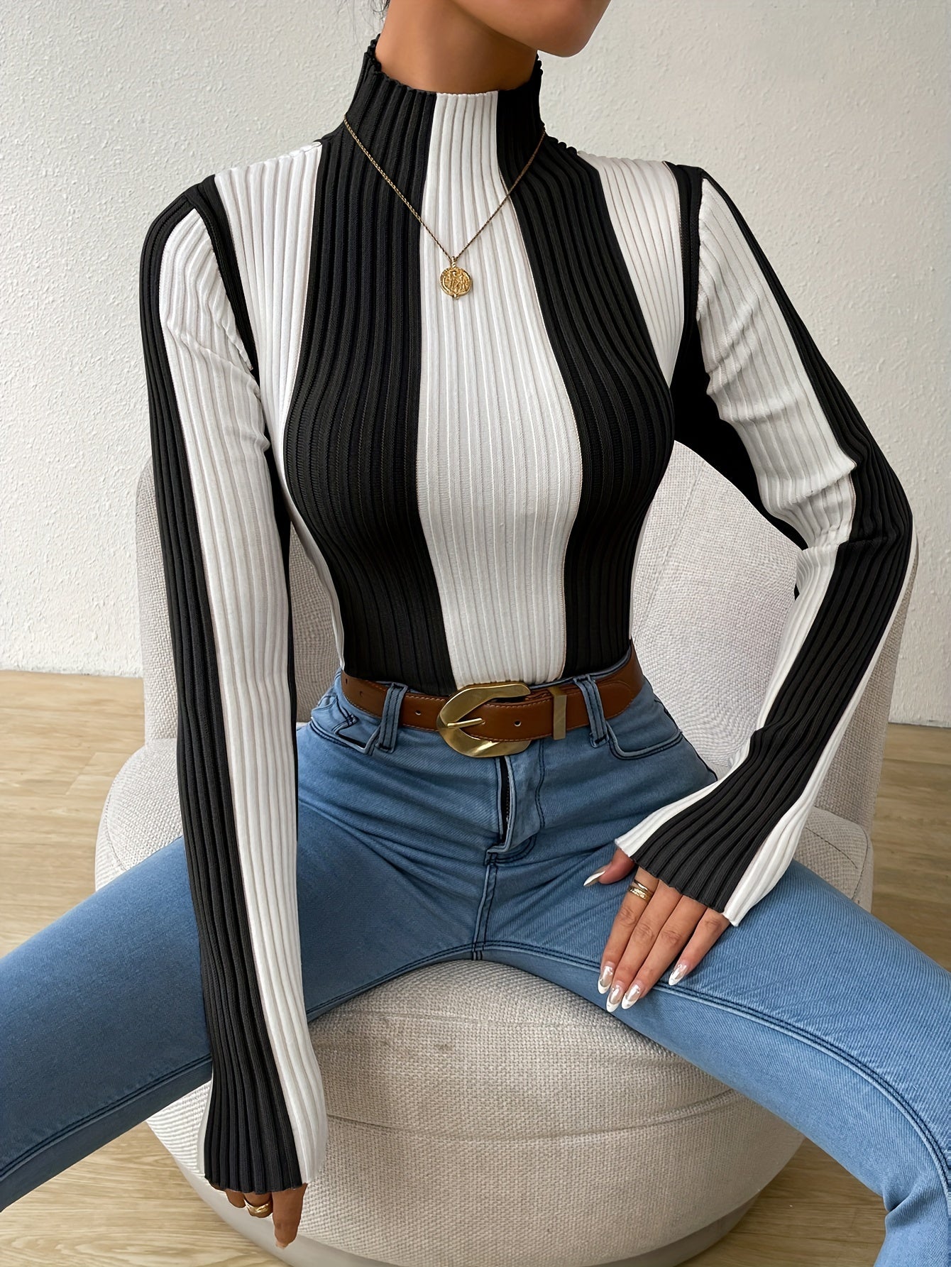 Rib Knit Color Block Mock Neck Sweater, Elegant Long Sleeve Sweater For Fall & Winter