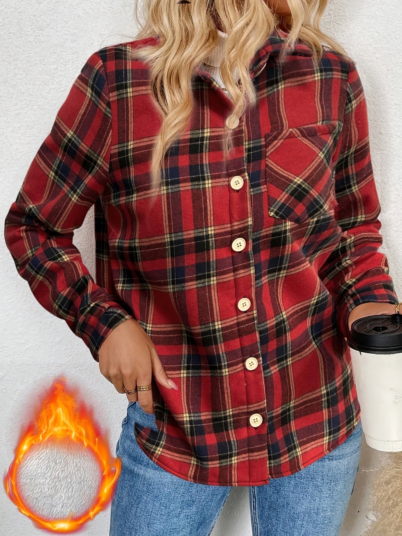 Women's Casual Plaid Long Sleeve Shirt with Fleece Lining and Pockets, Lapel Collar, Button Details, Woven Fall/Winter Jacket