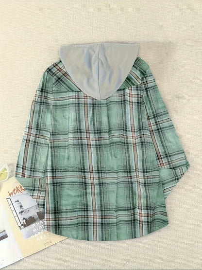 Cozy Plaid Hooded Long Sleeve Jacket Hoodie - Soft, Breathable, Casual Wear for Spring & Fall - Women's Comfortable Clothing for Outdoor Activities