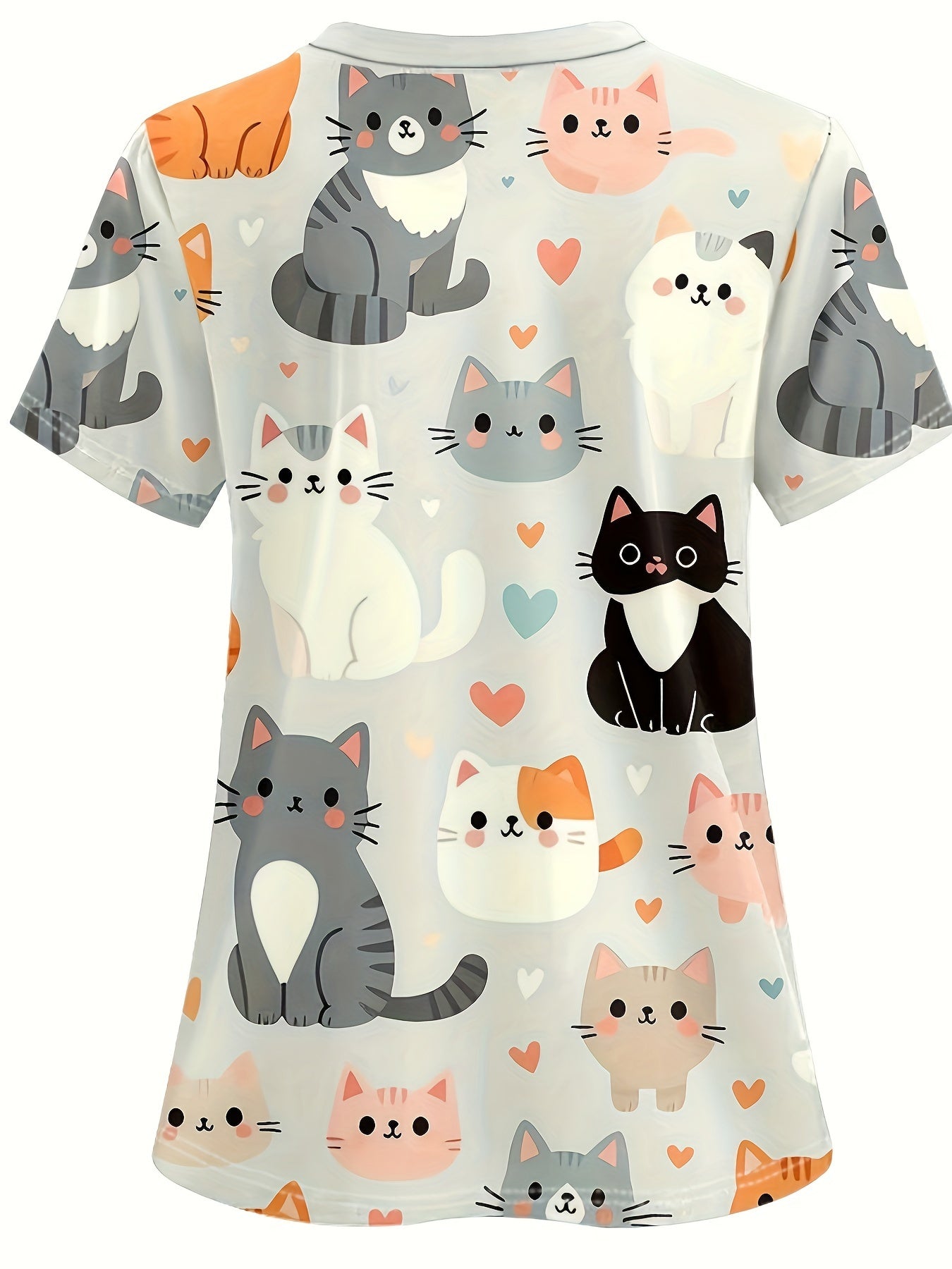 V-Neck Cartoon Cat Print Short-Sleeve Nurse Uniform Top - Soft Polyester Fabric, Cute Animal Pattern, Comfortable Pocket Design, Suitable for Spring, Summer, and Fall Seasons