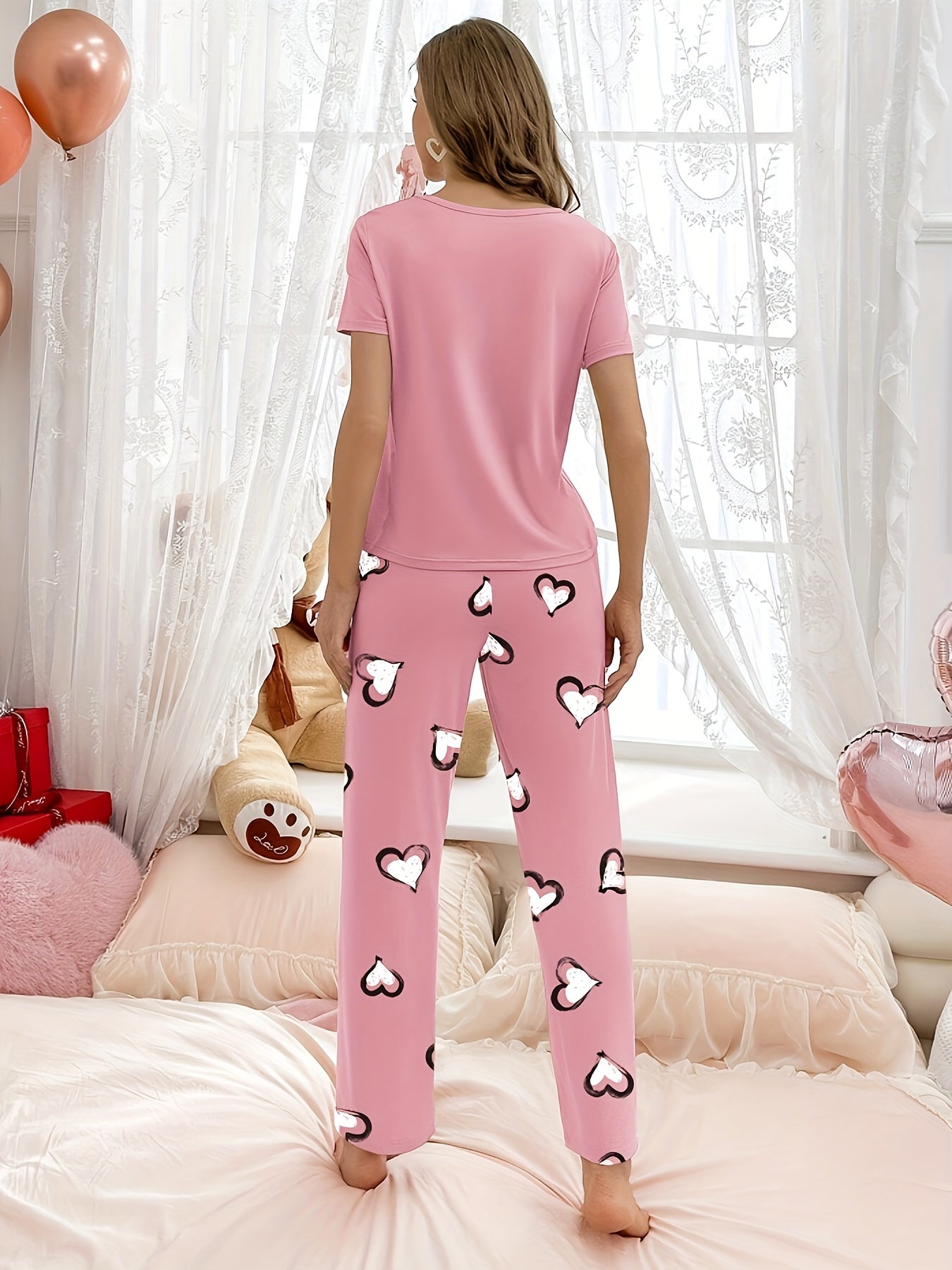 Heart & Letter Printed Womens Pajama Set - Soft, Short Sleeve Nightwear with Round Neck & Elastic Waist Pants - Comfy, Casual Sleep Style for Sweet Dreams - LuxyXO