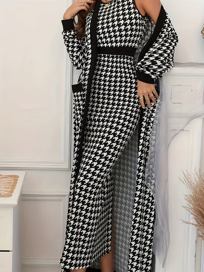 Houndstooth Print Elegant Skirt Set, Crew Neck Sleeveless Slim Dress & Open Front Long Sleeve Jacket Outfits, Women's Clothing