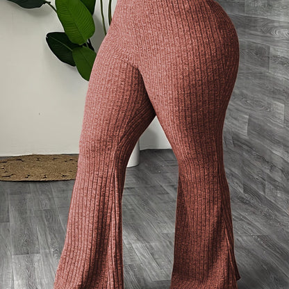 Elegant Style, Women's Plus Size Solid Color Flare Pants - High Waist, Ribbed Texture, Stretchy Polyester/Spandex Blend