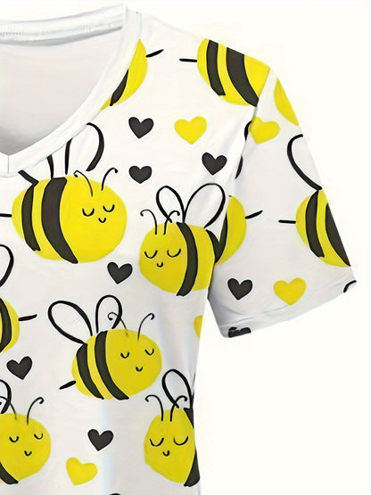 Bee Print V-neck Scrub Top, Comfortable & Functional Health Care Uniform Top, Perfect For Working In Hospitals & Dental Office, Women's Work Clothing