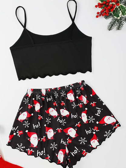 Women's Cute Christmas Cartoon Print Lettuce Trim Top And Shorts Cute Pajama Set Sleepwear