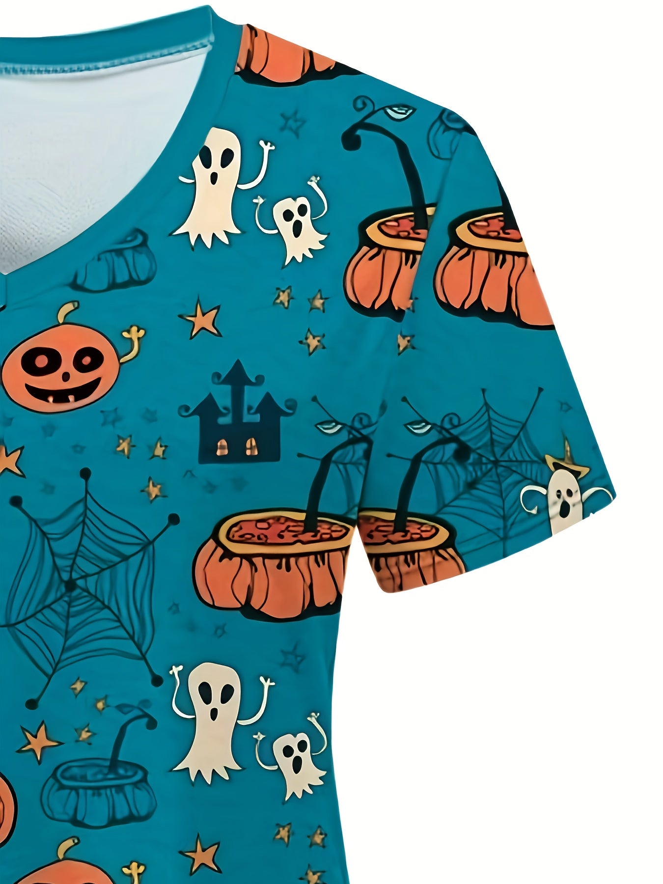 Spooky Ghost Print V-Neck Tee - Women's Comfortable Stretchy T-Shirts for Nurse, Healthcare Professionals - Soft, Breathable, Functional Uniform for Work, Halloween Costume Inspiration