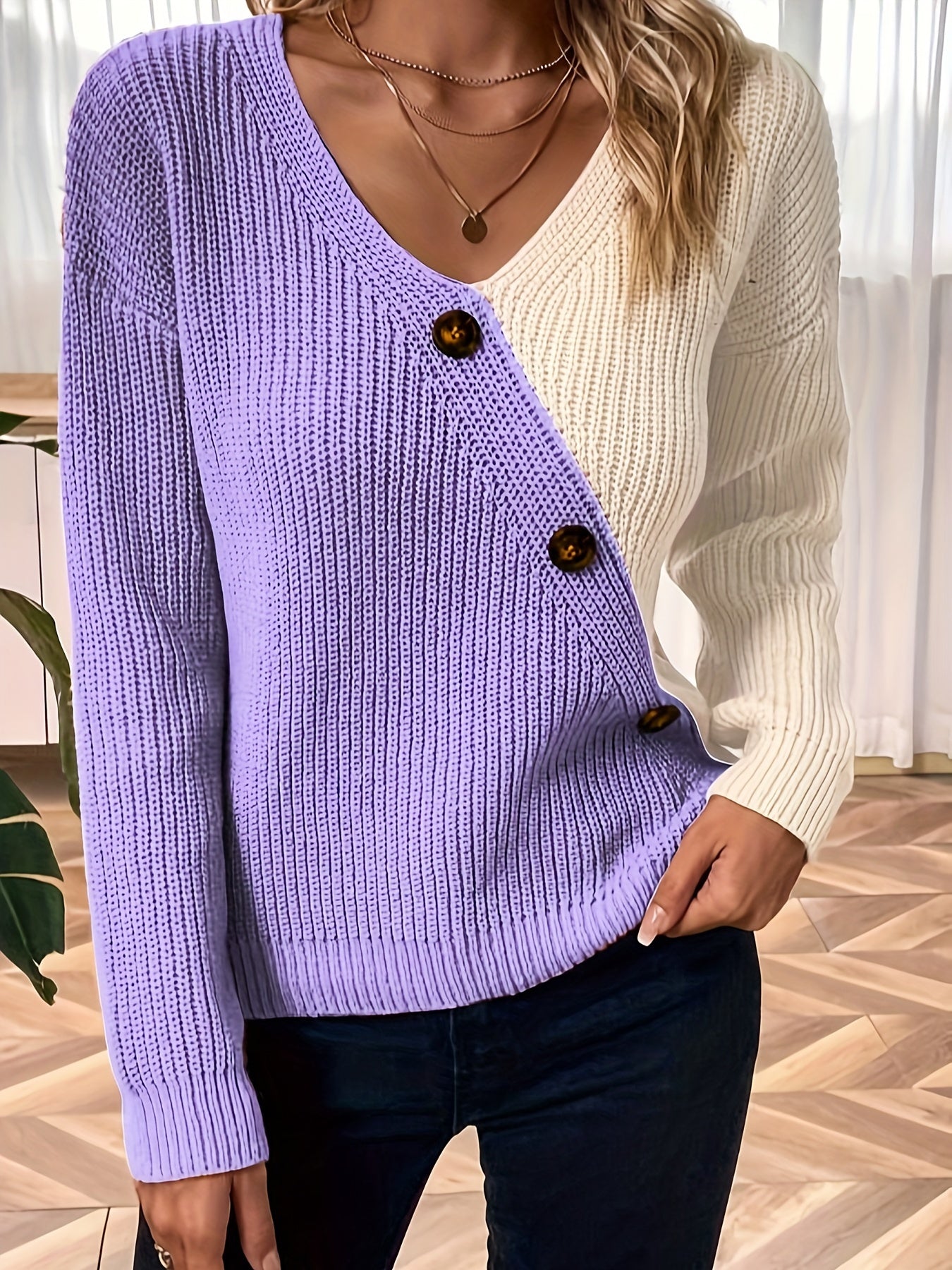 Color Block V Neck Pullover Sweater, Casual Button Long Sleeve Drop Shoulder Sweater, Women's Clothing