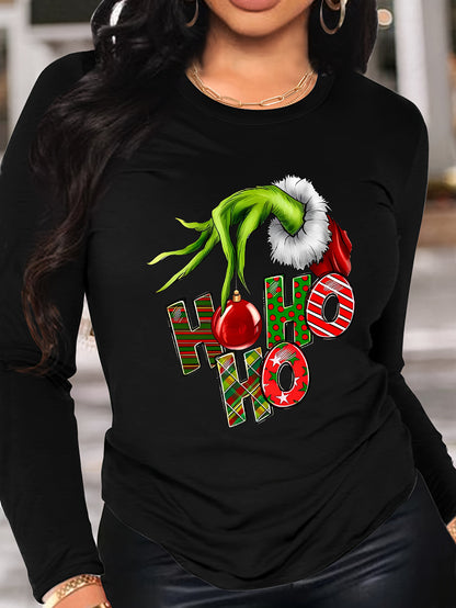 Camiseta con estampado gráfico de dibujos animados divertidos de Navidad, camiseta de verano transpirable de manga larga con cuello redondo, top para mujer