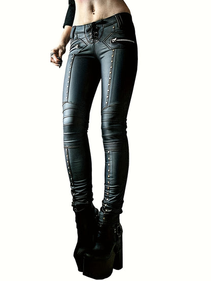 Women's Faux Leather Leggings Gothic Punk Skinny PU Leather Pants Mid Rise Novelty Studded Tight Pants