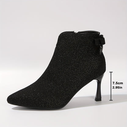 Botas elegantes con tacón de aguja y purpurina para mujer: botas de vestir elegantes con lazo, punta puntiaguda y cremallera para todas las estaciones