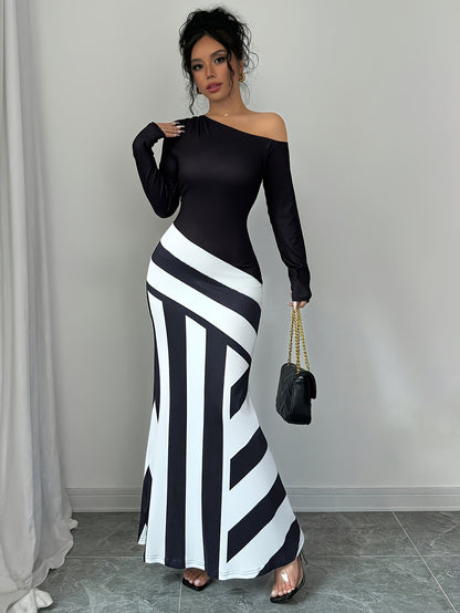 Elegant Off-Shoulder Striped Maxi Dress for Women - Long Sleeve, Bodycon Fit, Machine Washable