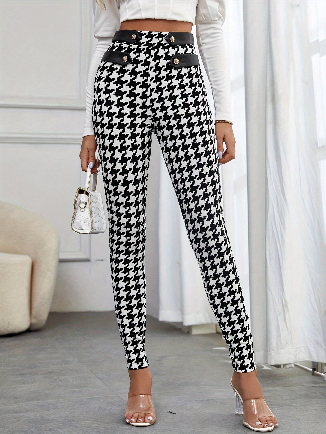 Chic Houndstooth Print High Waist Skinny Pants - LuxyXO