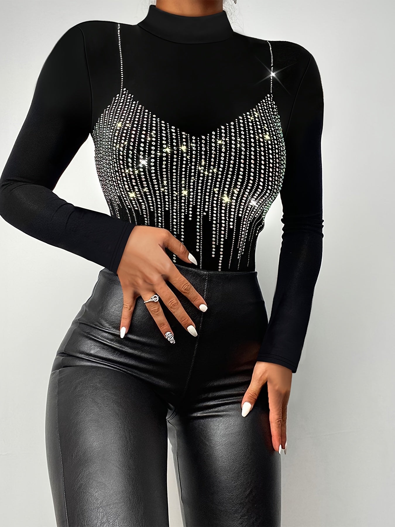 1pc Elegant High Neck Long Sleeve Top, Polyester Knit Fabric, Solid Color, Rhinestone Embellished, Regular Length, Fall/Winter Collection