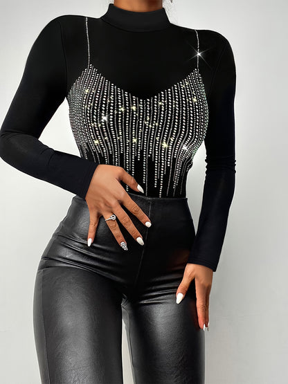 1pc Elegant High Neck Long Sleeve Top, Polyester Knit Fabric, Solid Color, Rhinestone Embellished, Regular Length, Fall/Winter Collection