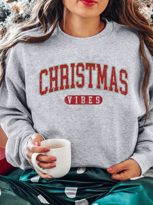 Women's Casual Polyester Crew Neck Sweatshirt with Christmas Vibes Alphabet Print, 100% Polyester Knit Fabric, Perfect for Fall/Winter - Cozy Festive Holiday Pullover