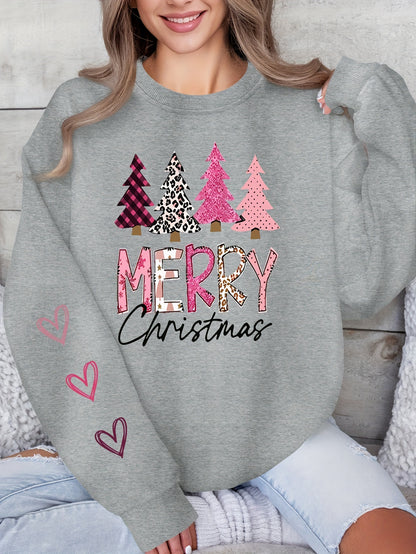 Women'S Festive Christmas Sweatshirt, Casual Pullover Crew Neck, Knit Polyester Fabric, Holiday Fashion Hoodie, Merry Christmas Tree Design, Spring/Summer/Autumn Season