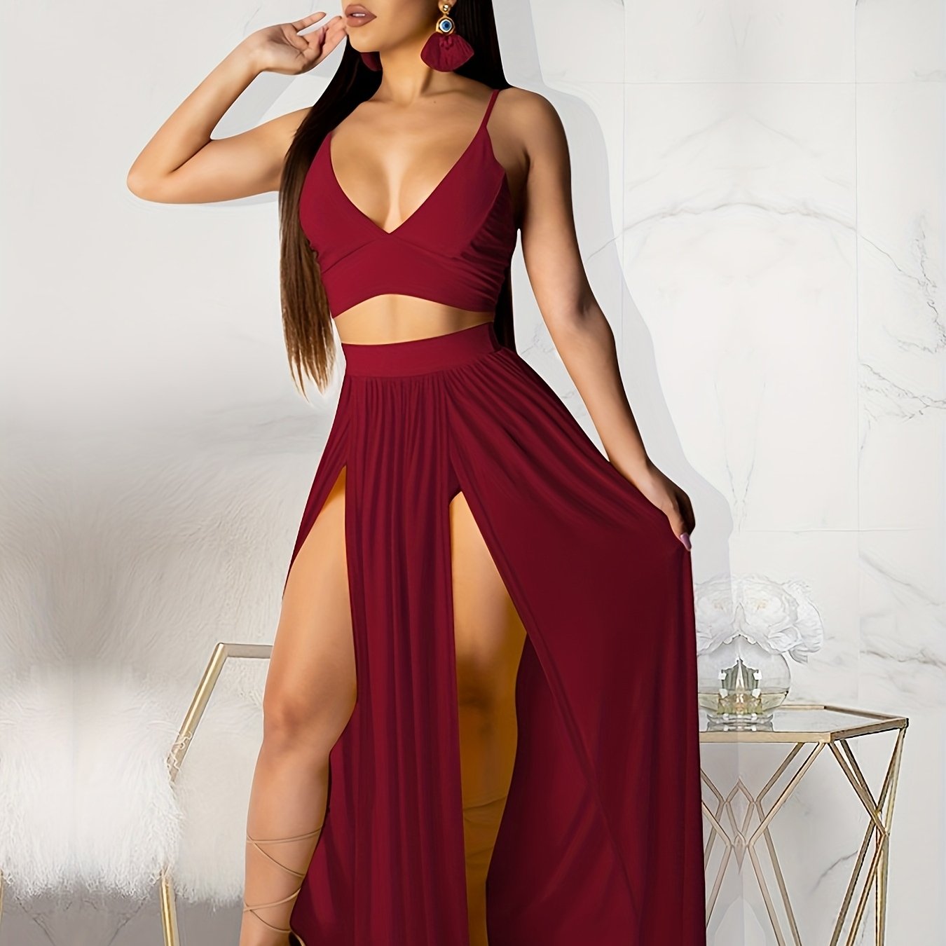 Women Sexy Dress 2pcs Skirt Outfits Strap Bra Crop Top & High Split Chiffon Skirt Goddess Dresses Set