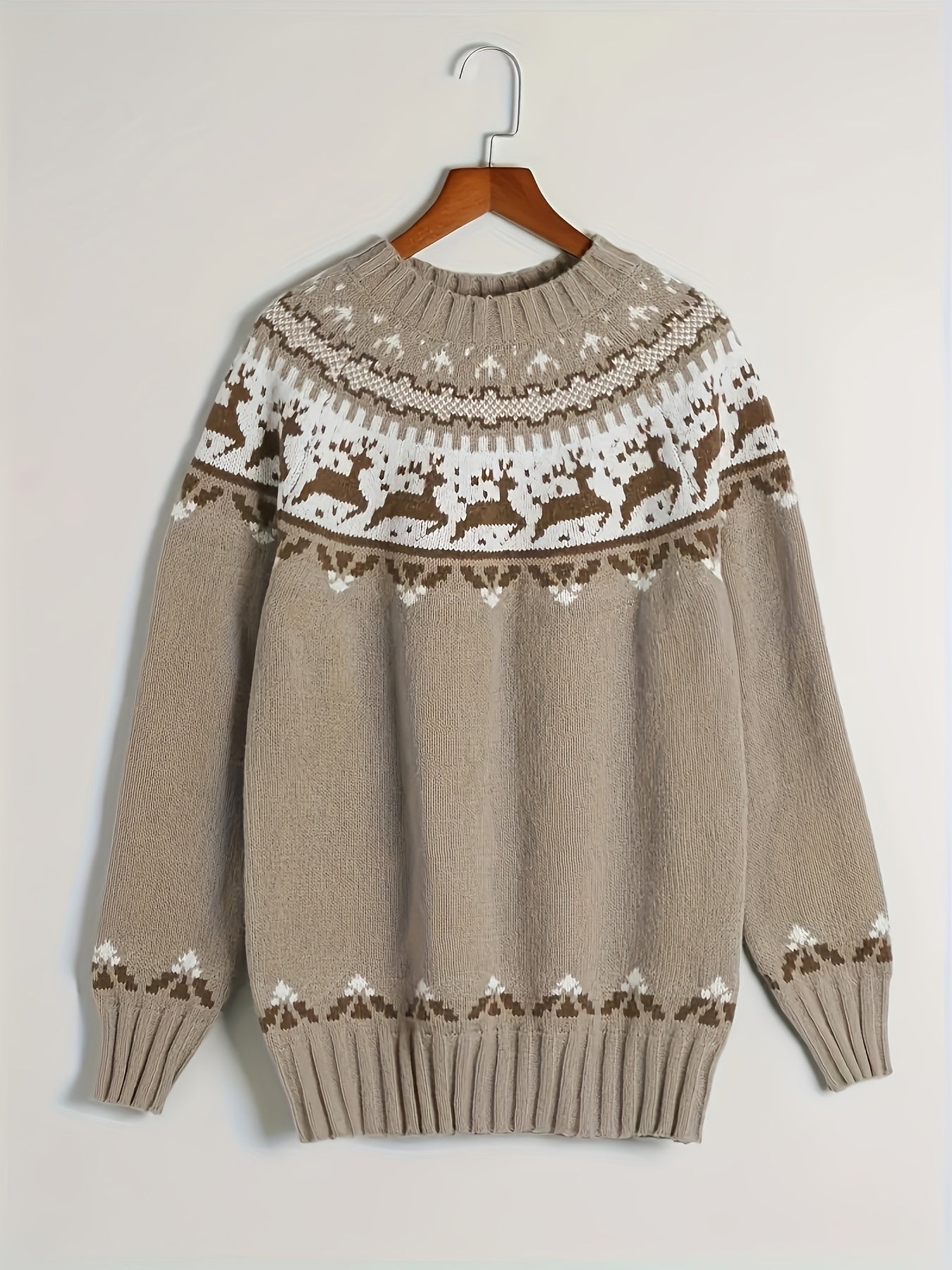 Suéter navideño informal de cuello redondo con renos y copos de nieve para mujer | Jersey de punto con estampado geométrico y animal 100 % acrílico | Jersey de manga larga con bloques de color para otoño/invierno