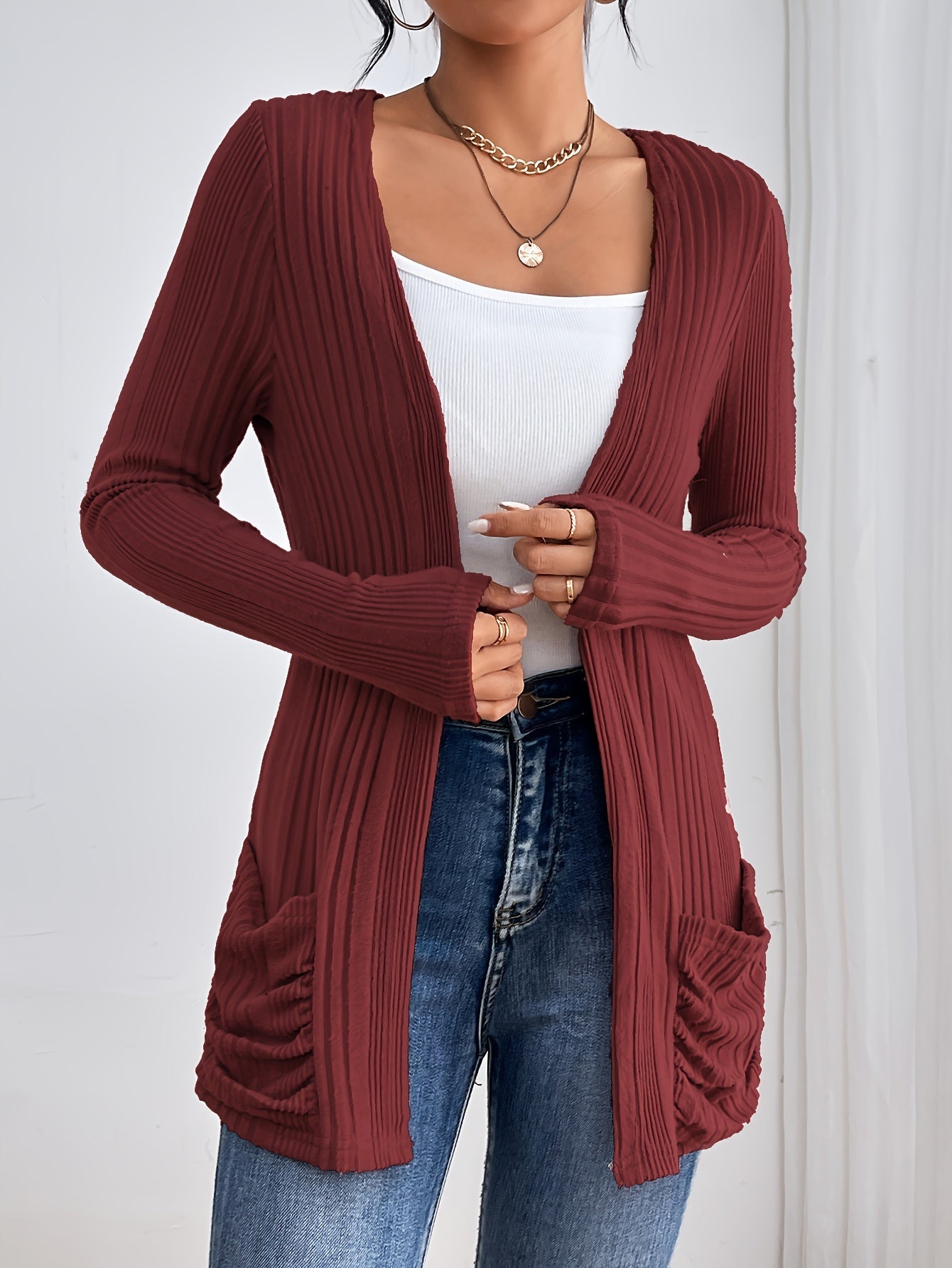 Womens Soft Rib Knit Cardigan - Solid Open Front, Slim Fit with Pockets - Long Sleeve Casual Wear for Everyday Fashion