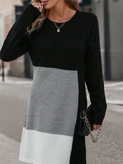 Plus Size Colorblock Chic Dress - Flattering Casual Style with Long Sleeves and Medium Stretch, Soft Round Neck Mini Dress for Trendy Women