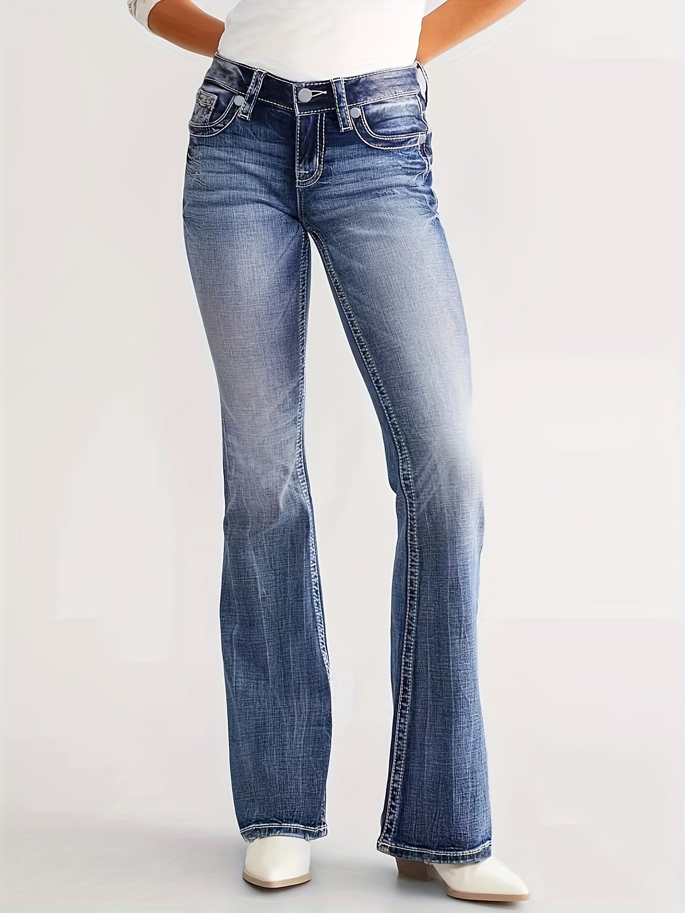 Women's High-Waisted Stretchy Jeans With Embroidered Floral Patter - LuxyXO