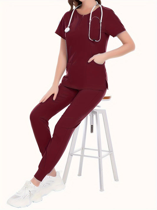 Comfortable Nurse Uniform Set - Soft Crew Neck Pocket Front Scrub Tops & Drawstring Pants Outfits for Hospital, Women's Medical Clothing with Breathable Fabric and Adjustable Waistband