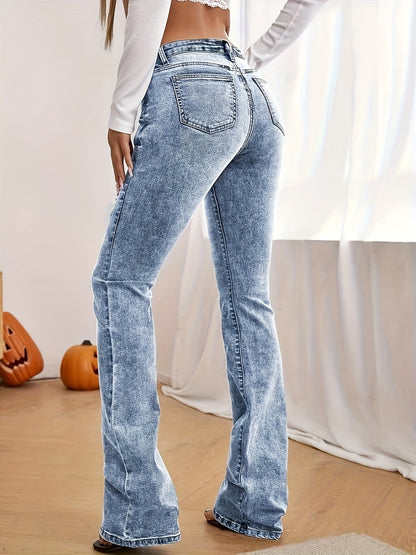 Pantalones de mezclilla estilo retro con pierna acampanada de talla grande: cintura alta, azul lavado, cierre de botón con cremallera, tela elástica cómoda - Jeans y ropa de mezclilla de moda para mujer