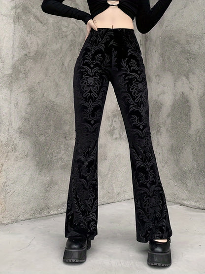 Gothic Floral Print High Waist Pants, Elegant Flare Leg Pants, Women's Clothing