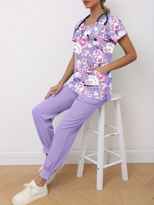 Conjunto médico de dos piezas con estampado floral moderno para mujer: atuendo médico cómodo y profesional con blusa funcional con cuello en V y pantalones ajustables