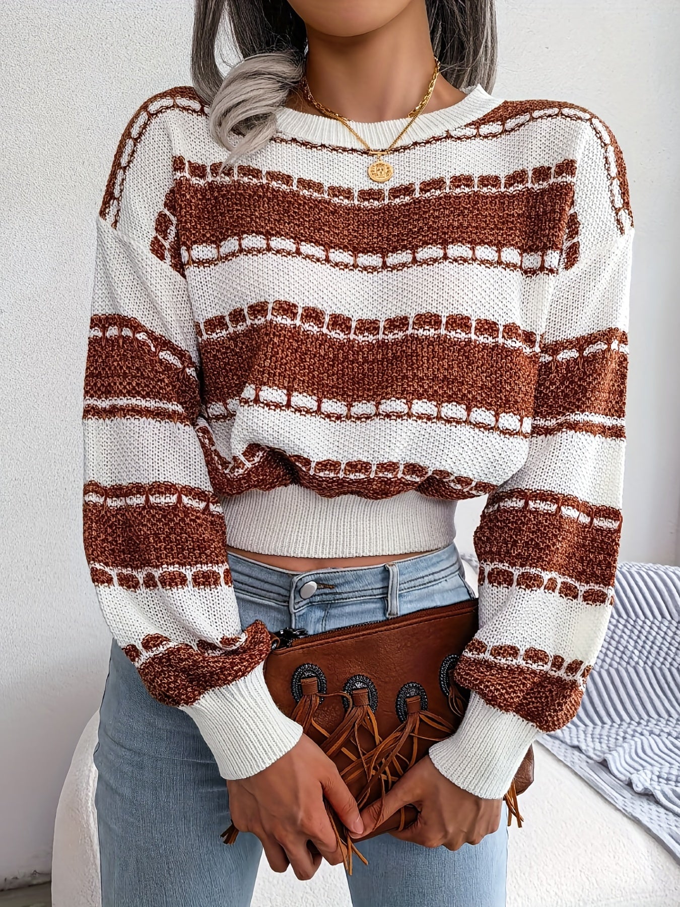 Cozy Striped Crew Neck Sweater - Soft Medium Stretch Acrylic Knit Fabric, High Elasticity, Casual Long Sleeve Loose Fit for Winter - Womens Clothing for Everyday Wear