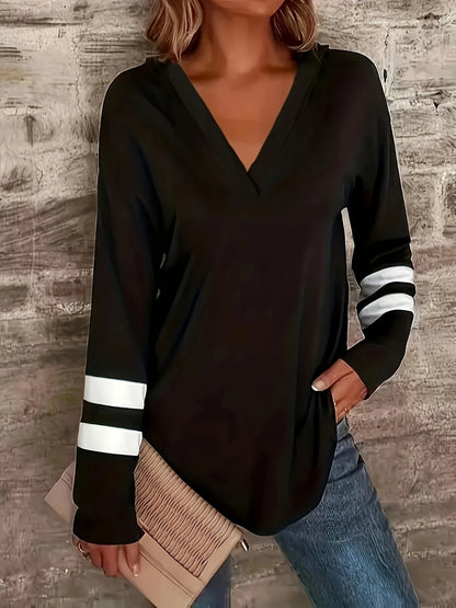 Elegante blusa con capucha y estampado de rayas de talla grande: ropa de talla grande para mujer: blusa informal de manga larga con cuello en V y ajuste relajado para un uso cómodo