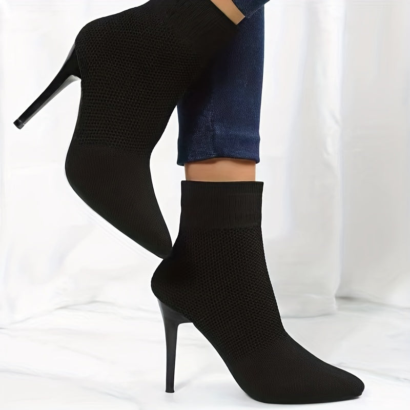 Women's Fashion Knit Socks Boots, Casual Pointed Toe Solid Color Slip On High Heels, Causal & Breathable Ankle Boots