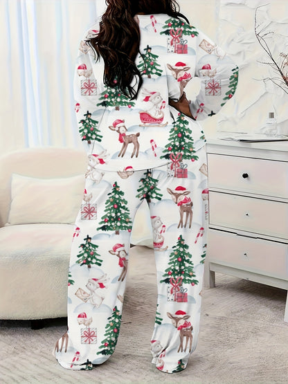 Women'S Plus Size Christmas Print Casual Long Sleeve Set, Polyester Knit Fabric, Round Neck, Full-Body Print, Comfort Fit, Lounge Wear