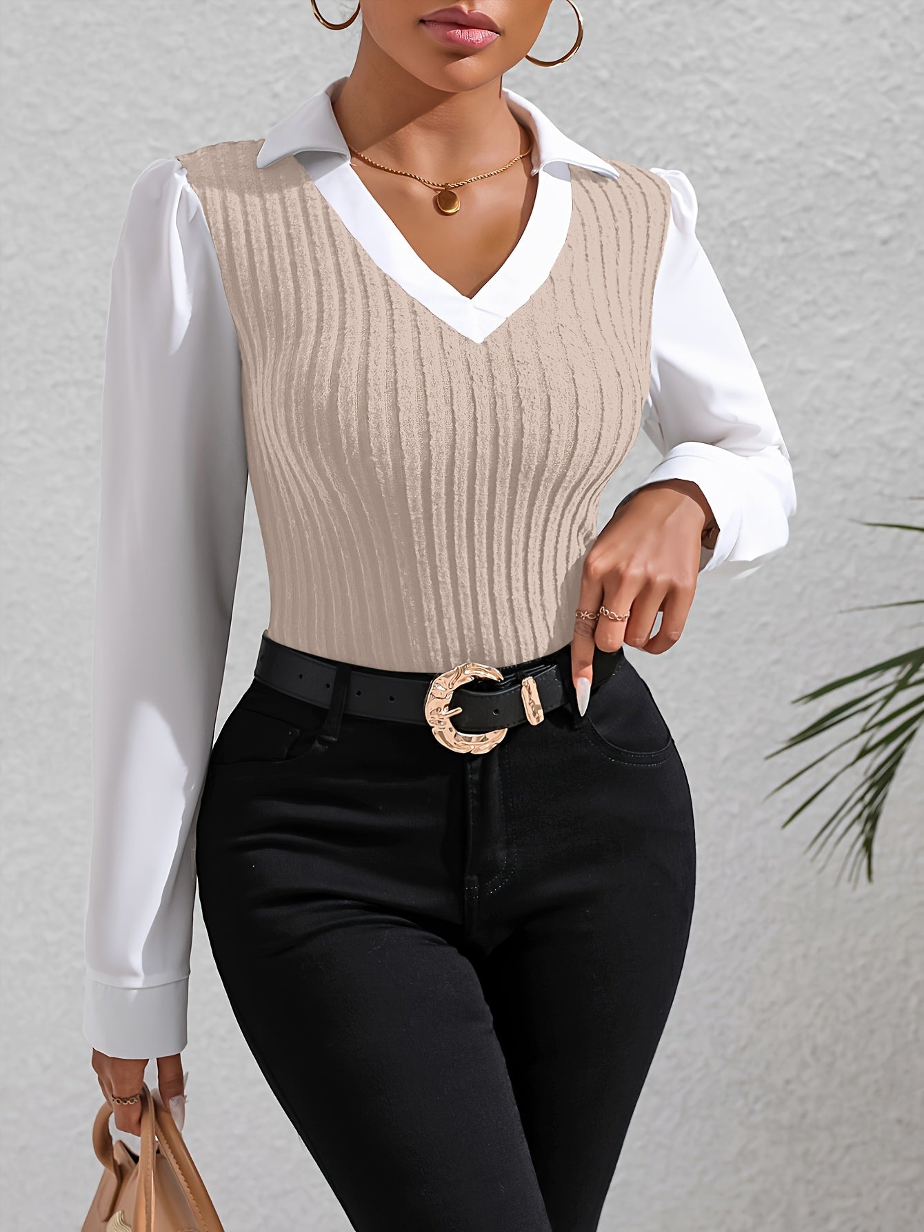 Chic Color Block Blouse with Faux Twinset - Trendy Lapel Collar & Long Sleeves - Ideal for Spring & Fall - Womens Casual Fashion Essential