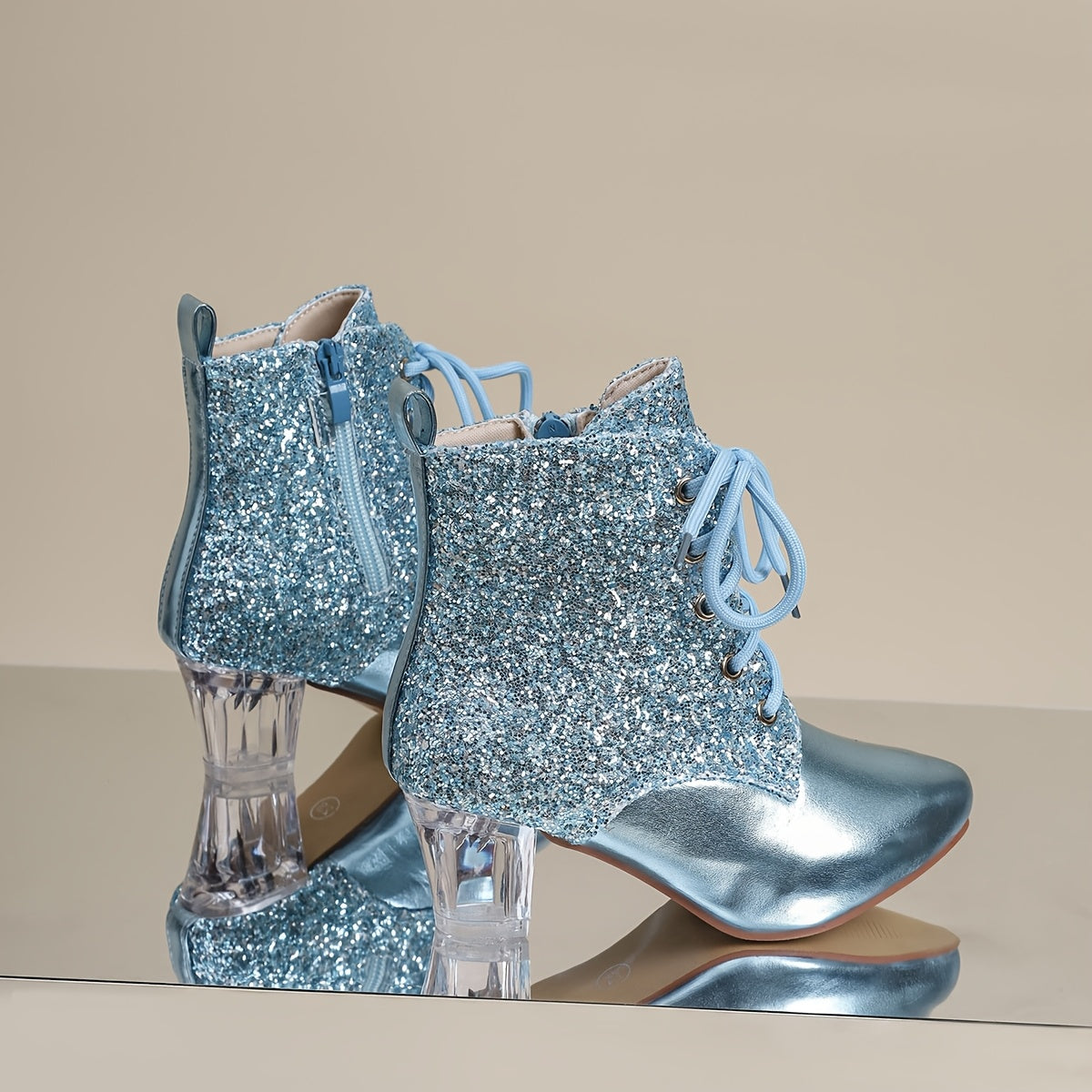 Botines con parches de lentejuelas para mujer, punta puntiaguda moderna, cierre de cremallera, tacón de bloque medio, forro de tela